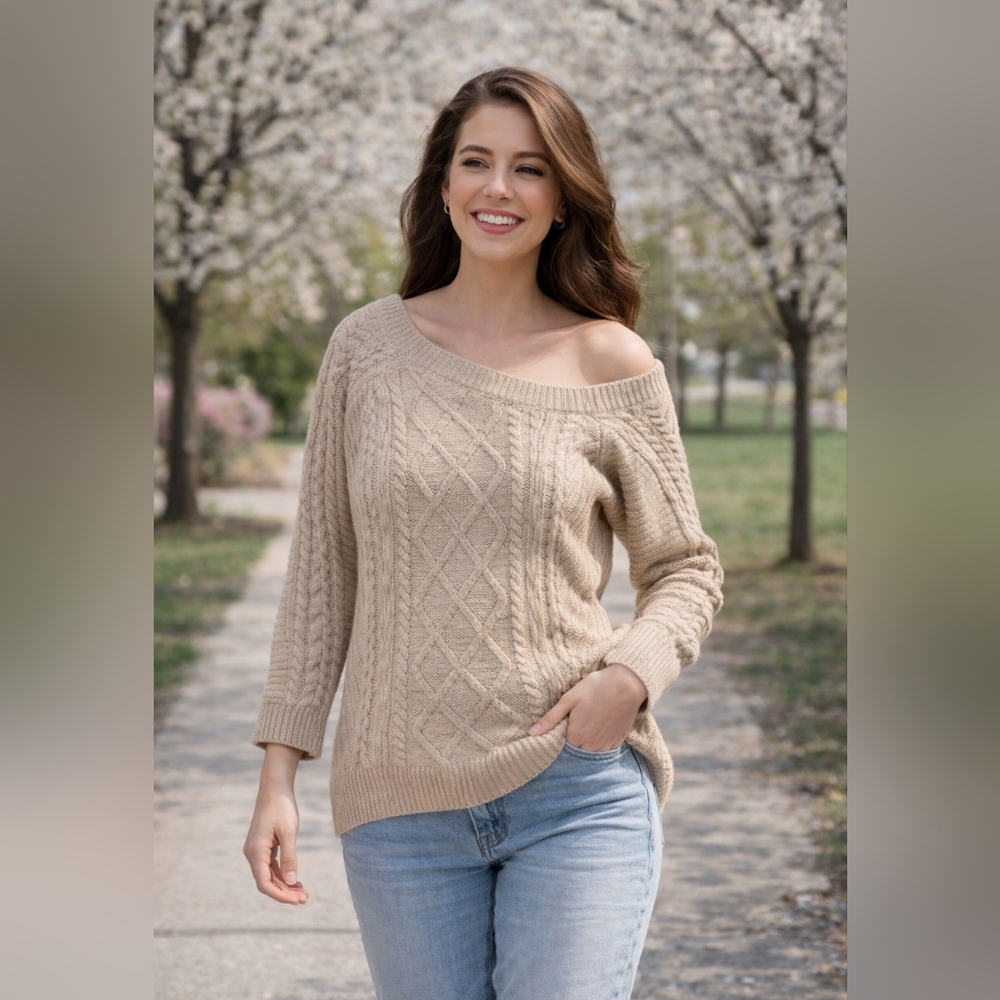 Sanctuary Womens Asymmetrical Off The Shoulder Cable Knit Sweater Size Small EUC